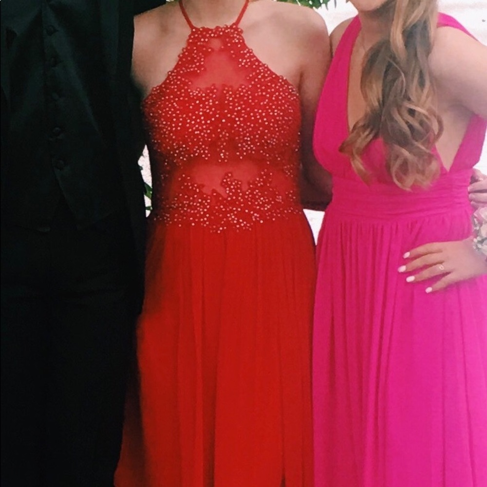 Red embellished prom dress